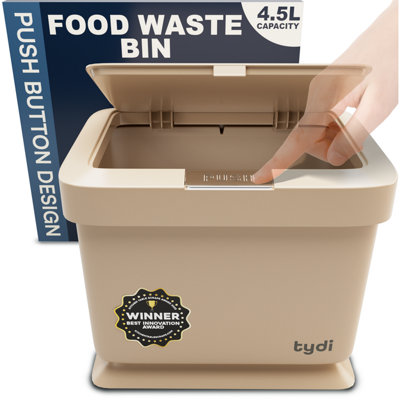 Tydi Kitchen Compost Bin - Food Waste Caddy With Lid - Taupe Indoor Waste Bin For Countertop With Press Button Anti-Slip 4.5L