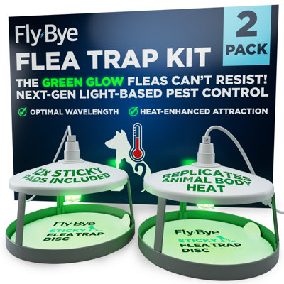 Fly-Bye Flea Trap Kit With Green Light2 Flea Traps With 12 Sticky PadsUnscented Flea Killer For HomeNo Spray Needed