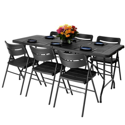 Novecrafto 6Ft Folding Table & 6 Folding Chairs SetHeavy-Duty Black HdpeSteel Frames Camping Table & Chairs For Indoor/outdoor Use from B&Q