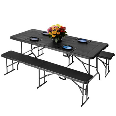 Novecrafto 6Ft Folding Table & 2 Folding Benches SetHeavy-Duty Black HdpeSteel FramesWood Grain PatternIndoor/outdoor Use from B&Q