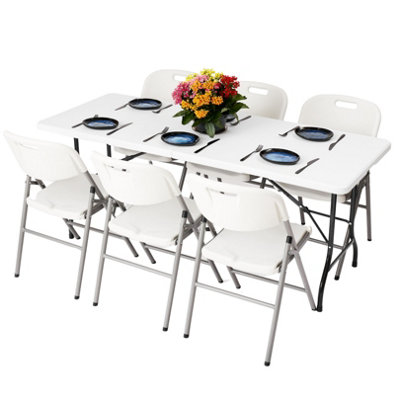 Novecrafto 6Ft Folding Table & 6 Folding Chairs SetEasy-To-StoreHeavy-Duty White HdpeSteel Frames For Indoor/outdoor Use from B&Q