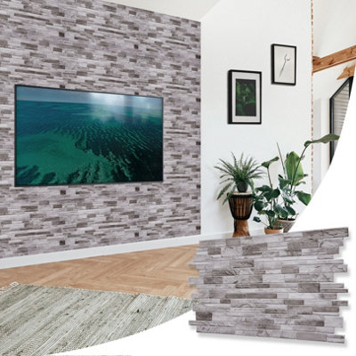 Novecrafto Decorative 3D Wall Panels (96X48 Cm) Pack Of 6 Sheets Cover 2.76 M² (29.76 Ft²) Pvc Wall Cladding In Light Grey Slim Stone Brick from B&Q