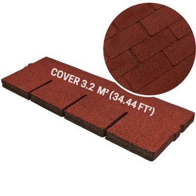 B&Q -  Bitumen Roof Felt Shingles20 Pcs/34.44 Ft² (3.2 Sqm)Asphalt Roof ShinglesWeather Resistant Roofing TilesRed