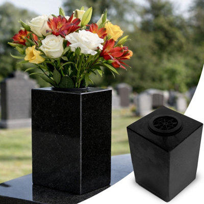 Novecrafto Granite Memorial Vase For Flowers25Cm Tall Solid Black Stone Square Vase With Insert Grid For Cemetery Or Garden Or Home Use from B&Q