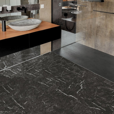 Novecrafto Vinyl Floor Tiles Self Adhesive30 Pack Covers 5.57 M²Rectangular Peel And Stick Tile Size 30.4X60.9 CmBlack Marble Effect from B&Q