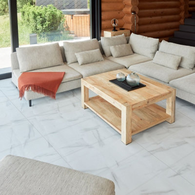 Novecrafto Vinyl Floor Tiles Self Adhesive30 Pack Covers 5.57 M²Rectangular Peel And Stick Tile Size 30.4X60.9 CmWhite Marble Effect from B&Q