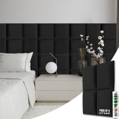 Novecrafto Velvet Padded Wall Panels Pack Of 4 With Adhesive 30X30Cm3D Black Upholstered Wall Mounted Headboards For Bedroom from B&Q