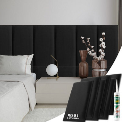 Novecrafto Velvet Padded Wall Panels Pack Of 6 With Adhesive 60 X 30 Cm3D Black Upholstered Wall Mounted Headboards For Bedroom from B&Q