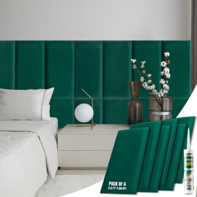 Novecrafto Velvet Padded Wall Panels Pack Of 6 With Adhesive 60X30Cm 3D Dark Green Upholstered Wall Mounted Headboards For Bedroom from B&Q
