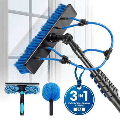 Novecrafto Water Fed Window Cleaning Pole Kit6M Telescopic Pole Brush Squeegee Cobweb Duster Inline Tap & Soap Dispenser For Exterior Use