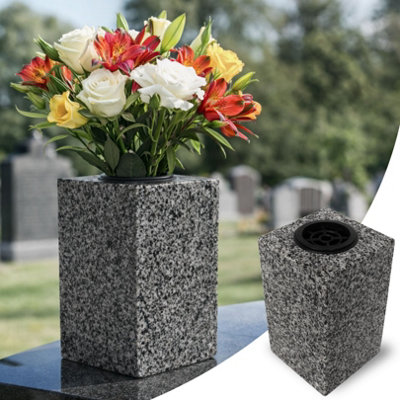 Novecrafto Granite Memorial Vase For Flowers25Cm TallSolid Grey Stone Square Vase With Insert Grid For CemeteryGarden Or Home Use from B&Q