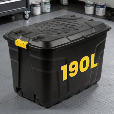 Novecrafto 190L Extra Large Storage Box On Wheels With LidHeavy-DutyPadlockableStackable Garage Storage (Black) from B&Q