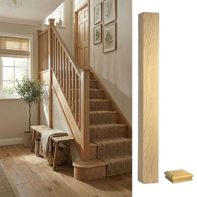 Solid Oak Complete Square Newel Post 90mm X 90mm X 1400mm Inc Cap Uk Manufactured Traditional Products Ltd from B&Q