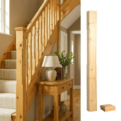 Solid Pine Complete Stop Chamfer Newel Post 90mm X 90mm X 1500mm Inc Cap Uk Manufactured Traditional Products Ltd from B&Q