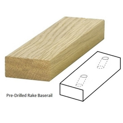 B&Q - Oak Baserail Modern 2.4M Rake Drilled For 14mm Metal Spindles Uk Manufactured 