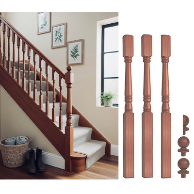 Solid Sapele Dark Hardwood 90mm Georgian Newel Post Kit Inc Cap's Uk Manufactured Traditional Products Ltd from B&Q