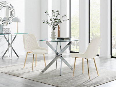 B&Q -  Uk Novara 100Cm Round  Dining Table And 2 Cream Pesaro Gold Leg Chairs