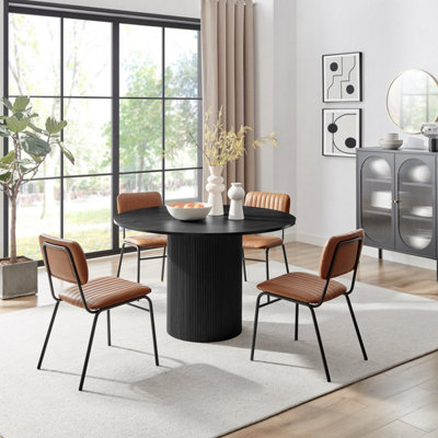 B&Q -  Uk Penrose Black Round Dining Table & 4 Tan Delta Chairs