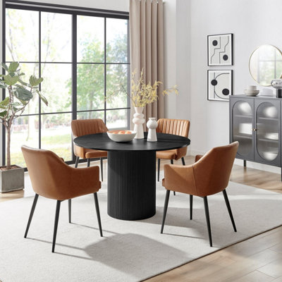 Furniturebox Uk Penrose Round Dining Table & 4 Tan Calla Faux Leather Chairs Black