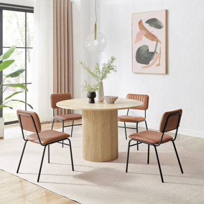 B&Q -  Uk Penrose Oak Effect Round Dining Table & 4 Tan Delta Chairs