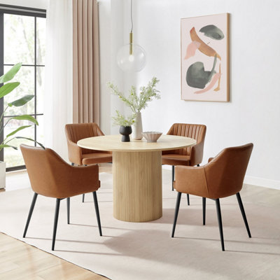 B&Q -  Uk Penrose Oak Effect Round Dining Table & 4 Tan Calla Faux Leather Chairs