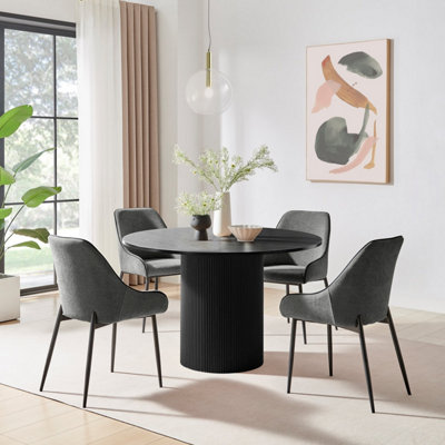 B&Q -  Uk Penrose Black Round Dining Table & 4 Grey Beaumont Chairs