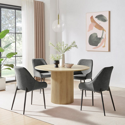 B&Q -  Uk Penrose Oak Effect Round Dining Table & 4 Grey Beaumont Chairs