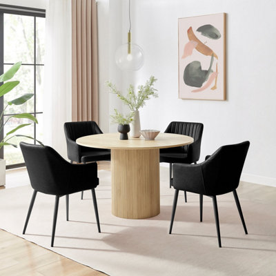 Furniturebox Uk Penrose Oak Effect Round Dining Table & 4 Calla Faux Leather Chairs Black