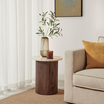 Furniturebox Uk Penrose Round Walnut & Cream Marble Effect Side Table
