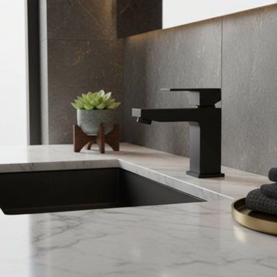  - Solo Black Basin Mixer Square Tap With Click Clack Waste