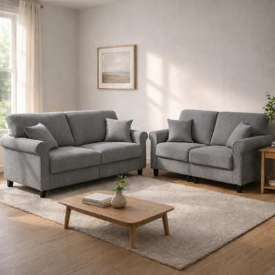 SquareBoxx Genoa Grey Velvet Sofa Set 3 Seater & 2 SeaterHigh Back Cushioned ComfortDurable Living Room Furniture from B&Q