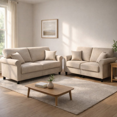 SquareBoxx Genoa Beige Fabric Sofa Set 3 Seater & 2 SeaterHigh Back Cushioned ComfortDurable Living Room Furniture from B&Q