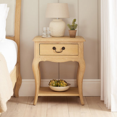 The Furniture Market French Chateau Oak Bedside Table 1 Drawer Solid Nightstand Cabriole Legs Antique Bronze Handle Natural Whitewash Finish from B&Q