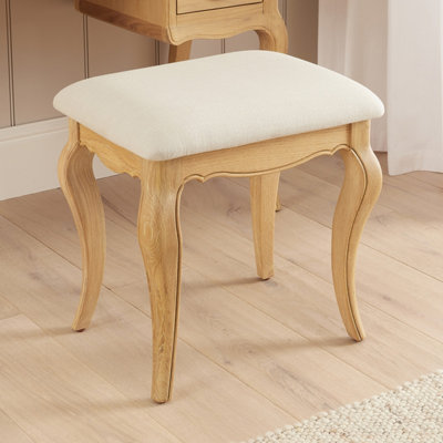 The Furniture Market French Chateau Oak Dressing Table Stool Solid French Style Stool Natural Linen Upholstered Seat Hand-Carved Cabriole Legs from B&Q