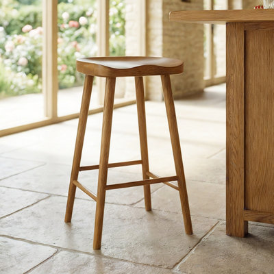 The Furniture Market Rustic Oak Shaker Style Saddle Seat Counter Stool Ergonomic Contoured Seat Solid Wood Kitchen Island Height Stool from B&Q