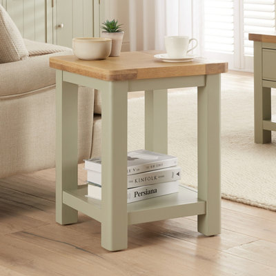 The Furniture Market Marbury Sage Green Painted Lamp Table Wooden Side Table With Shelf Whitewash Oak Top Modern Country Styling from B&Q