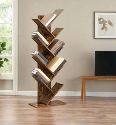 Modcraft 8-Tier Tree Bookshelf in Rustic Brown, Free-Standing Storage Unit for Home Office, 141 x 50 x 24cm - Image 3