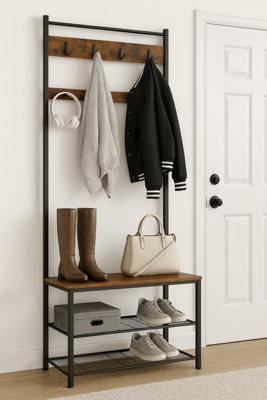 Modcraft 3 Shelf Rustic Brown Coat Rack with Bench and 9 Hooks 175 x 85 x 32cm - Image 3