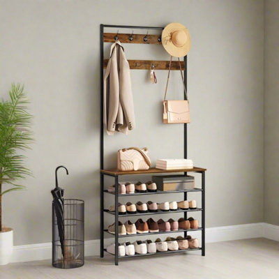 B&Q -  Industrial Coat Stand With Shoe StorageHall Tree With 9 Hooks