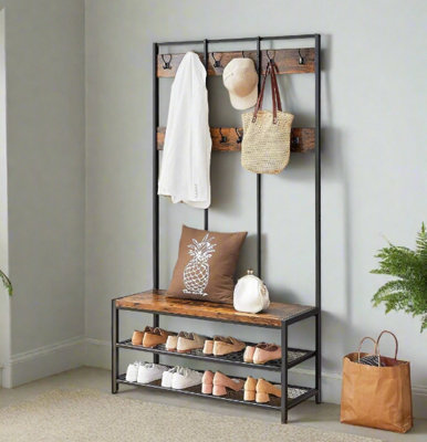 B&Q -  Industrial Entryway Coat Rack With 12 Hooks And Bench
