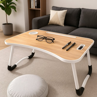 Modcraft Folding Laptop Bed Table With Cup HolderLap Desk Tray For SofaBreakfastPortableWalnut from B&Q