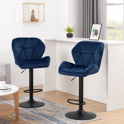 Modcraft Set Of 2 Velvet Blue Bar Stools Adjustable Swivel Dining Chairs With Footrest & Black Steel from B&Q