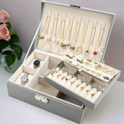 Modcraft 2-Tier Grey Jewellery Organizer Box Elegant Storage Case from B&Q