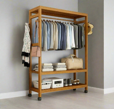 B&Q -  Heavy Duty Wooden Clothes Stand Garment For Open Wardrobe With Wheels