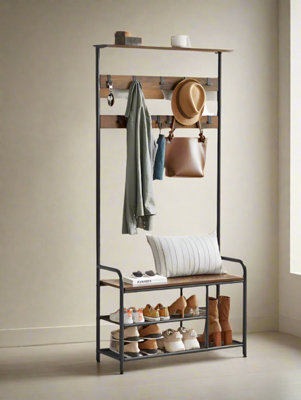 B&Q -  Industrial Coat Tree With Shoe Storage Bench With 9 Hooks