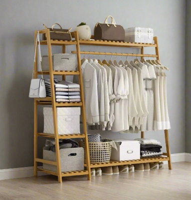B&Q -  Bamboo Clothes Storage Rack With Shelves And Hanging RailFreestanding Garment Organizer - Image 4