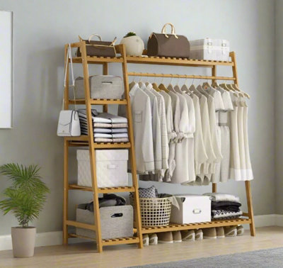 Bamboo Clothes Storage Rack with Shelves and Hanging Rail, Freestanding ...