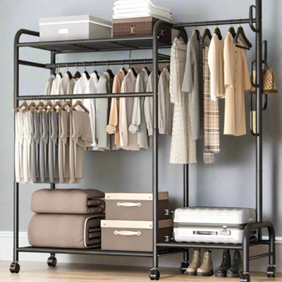 B&Q -  Heavy Duty Double Clothes Rail Rack With Wheels & Storage Shelves