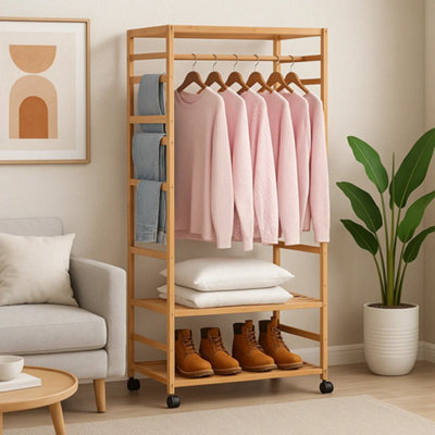 B&Q -  Wooden Clothes Rail Garment Rack With Storage Shelves & Pulley WheelsNatural Wood Coat & Clothes Hanger Stand
