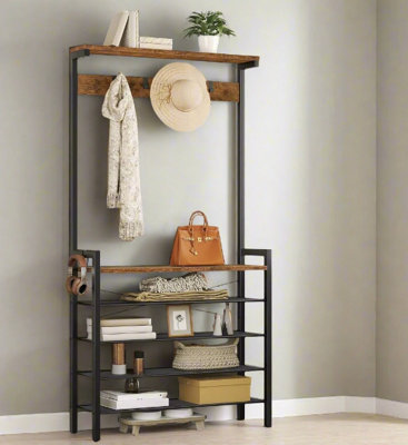 B&Q -  Entryway Coat Rack Stand With Shoe Storage ShelvesIndustrial Hallway Organiser